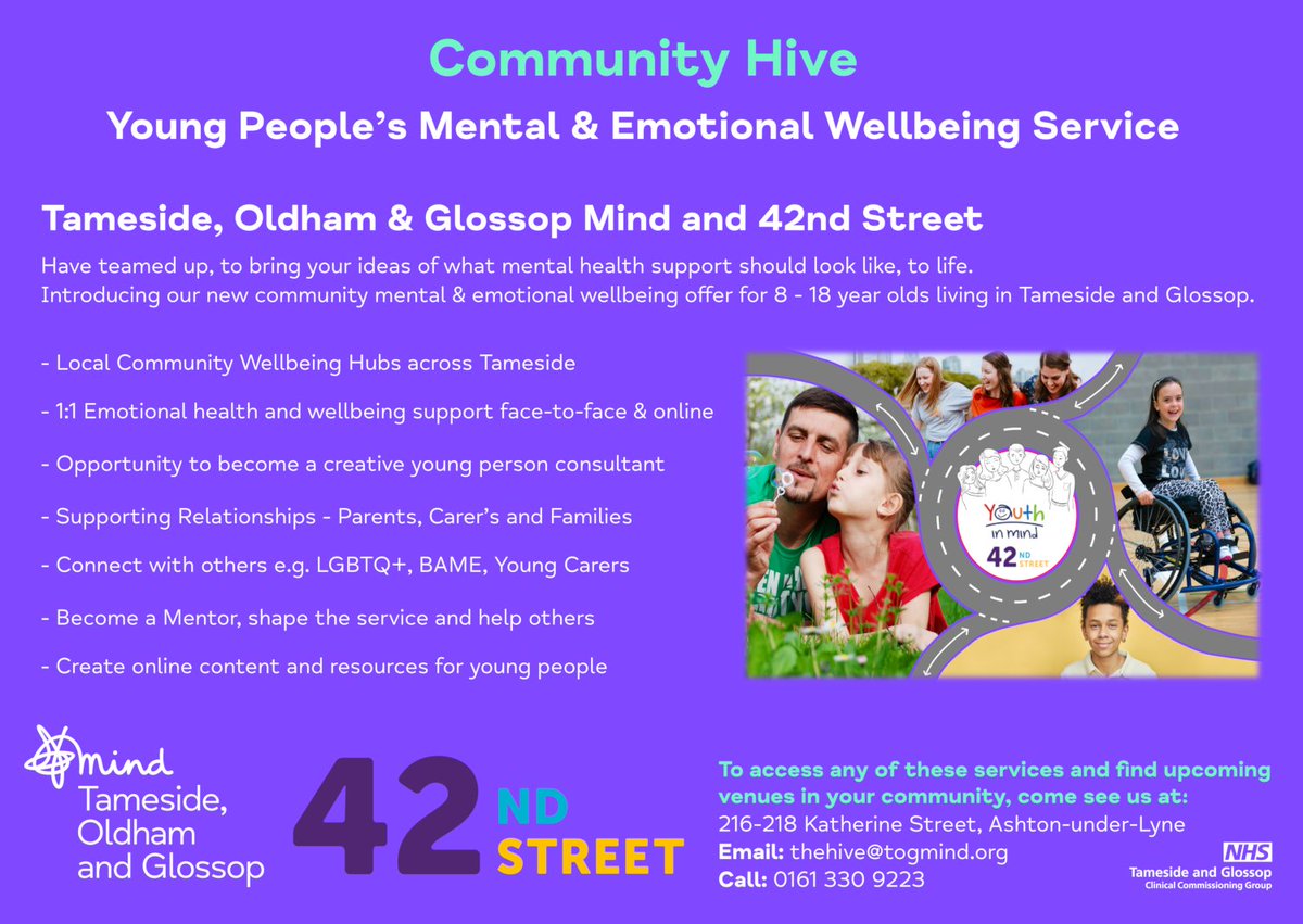 TOGMind's tweet photo. On Wed 11th May - During this Mental Health Awareness Week - From 4pm to 8pm children, young people and families can drop into our Community Hive session at our office 216-218 Katherine Street, OL6 7AS. #MHAW2022 #TamesideTogether #IveBeenThere @TamesideCouncil @TGCCG https://t.co/9DkD7z15ZY