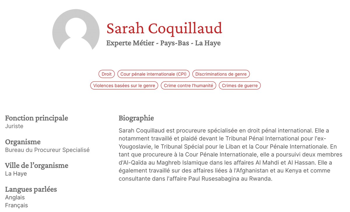 Expertes_Genre's tweet photo. [War Crimes] Sarah Coquillaud is a prosecutor specializing in international criminal law. She has worked and argued before the International Criminal Tribunal for the former Yugoslavia, the Special Tribunal for Lebanon and the @CourPenaleInt 
☎️ https://t.co/zEJx4vF8wd https://t.co/aGBChsgMp7