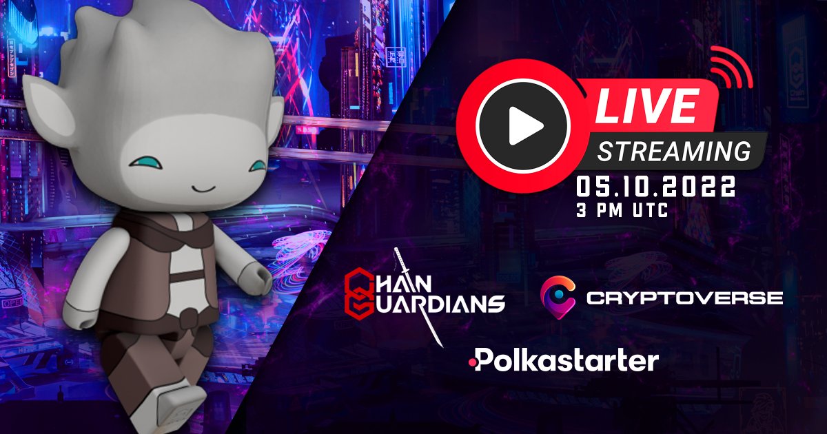 PentagonChain's tweet photo. The #Cryptoverse, @Chain_Guardians and @polkastarter  Livestream starts in one hour! 😎

⏰ 5.10.22 | 3:00 PM UTC

Join us for prizes, information, and Kyubu winner announcements! 🌟

Watch here ⤵️
https://t.co/VeqYoIFPsF https://t.co/PTYFvNx6aa