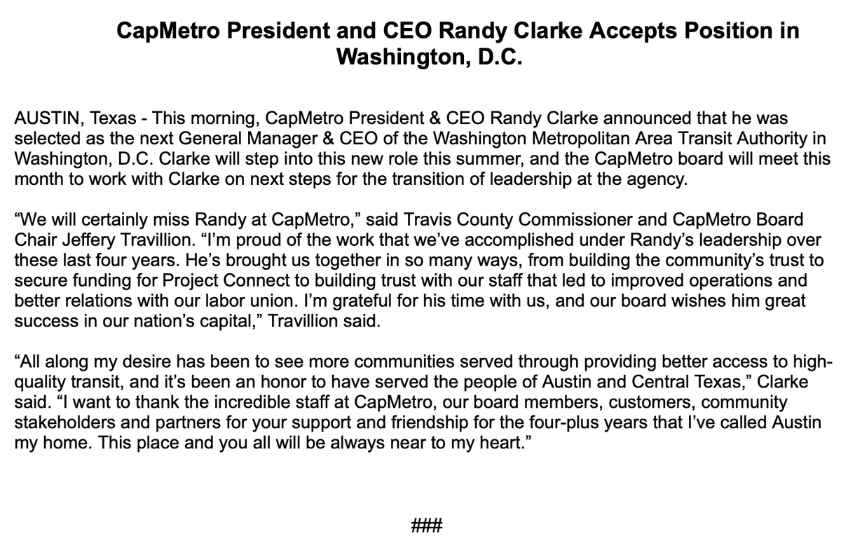 KUTnathan's tweet photo. A news release from @CapMetroATX says Clarke will start his new job in the summer. The CapMetro board will meet this month with Clarke to figure out a transition plan. https://t.co/OmKdPQIaxm
