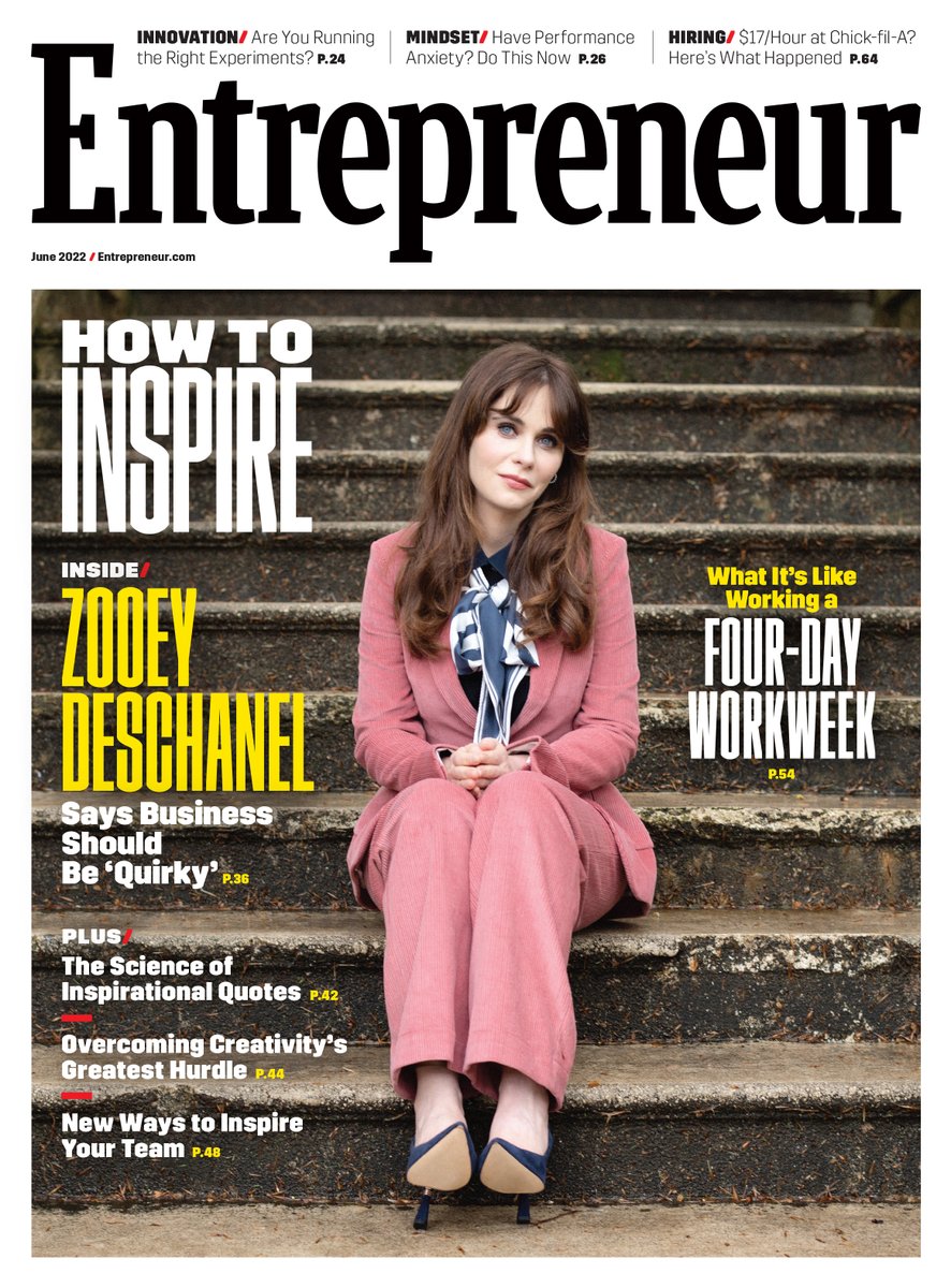 Entrepreneur's tweet photo. There's a 'New Girl' on our new June cover, available on newsstands now! 

Why does @ZooeyDeschanel think business should be quirky? The actress/entrepreneur has cofounded enough ventures to know that whatever sets you apart will guide you toward success.  https://t.co/OBMo5RYmk5 https://t.co/D46WpG2ktX