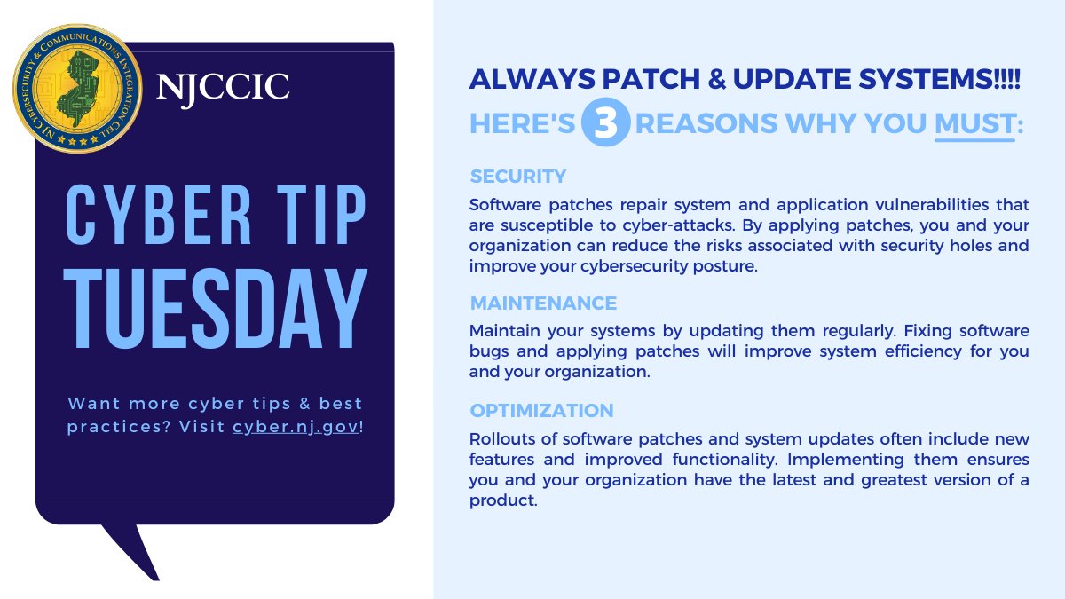NJCybersecurity's tweet photo. #CyberTipTuesday – Always patch &amp; update systems! 

Review the security update guide from @Microsoft at: https://t.co/UcL4TM3yFl

#Cybersecurity #CyberCrime #Data #Security #Vulnerabilities #Cyberattack https://t.co/E5IPy2ePAT