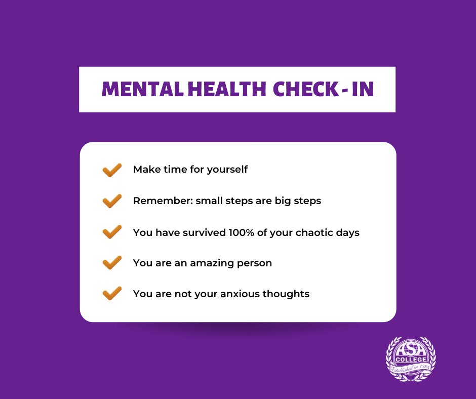 asacollege's tweet photo. Mental health is something that should never be overlooked; join us in overcoming the stigma by sharing some tips, mantras, or reminders that have helped you or someone you know get through the harder times. Here’s some of our favorites! https://t.co/nFbeAr3Ibg