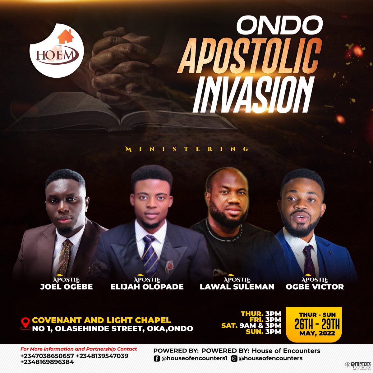 apostleolopde's tweet photo. Ondo Apostolic Invasion
The hand of God is upon the city and His Glory is seen within. Join us as we raise an altar in the state of Ondo.
@apostlejoelO @VictorOgbe6 @Suleima89413758
#WhenGraceSpeaks #HouseOfEncounters #OndoApostolicInvasion #Ondo #Apostle https://t.co/lYODbvmyXJ