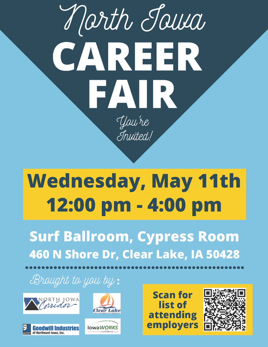 Looking for a new career opportunity? The North Iowa Career Fair will be at the Surf Ballroom tomorrow, May 11th from 12pm to 4pm. The job fair is open to the public -- no registration required, just drop by!
#jobfair #careerfair #hiring #northiowa