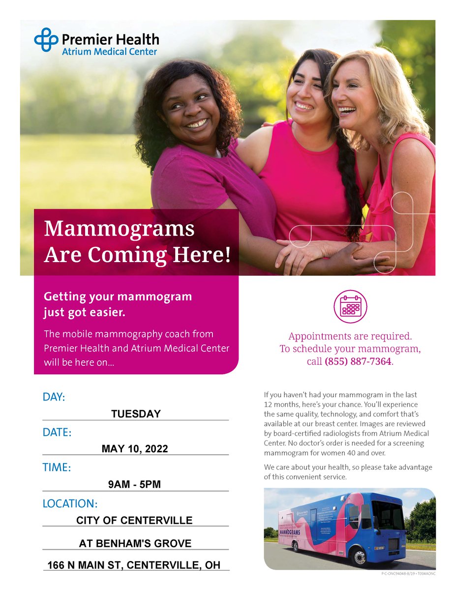 of_centerville's tweet photo. Schedule your mammogram today! @PremierHealthOH is offering mobile mammograms at @benhamsgrove today until 5:00 p.m.! https://t.co/M0hOjQAoLW