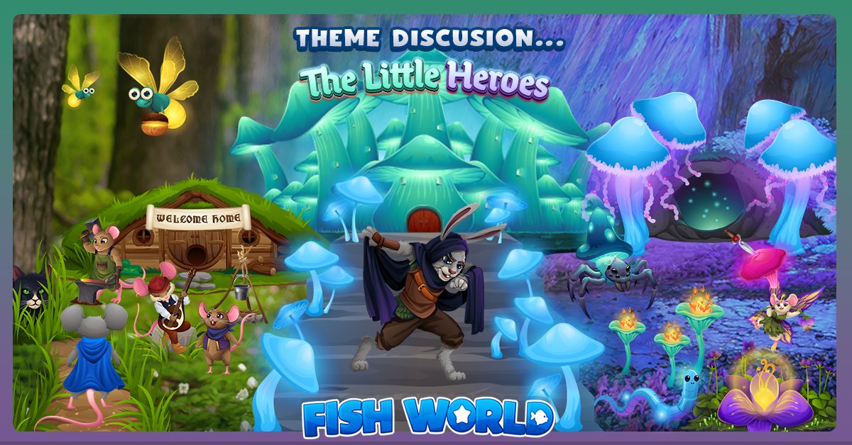 FishWorldGame's tweet image. An adventurous new theme begins! 🤗 

This week's exciting Little Heroes has a unique, evolving underdog storyline! 📜 

Transform from adorable mice to brave heroes,  on their quest to restore their enchanted town's light force. 🌟 
#Art #Game #Cute #Artist #MakeArt #fun #Quest