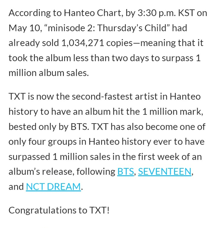 "TXT has also become one of ONLY FOUR GROUPS in Hanteo history ever to have surpassed 1 million sales in the first week of an album’s release"