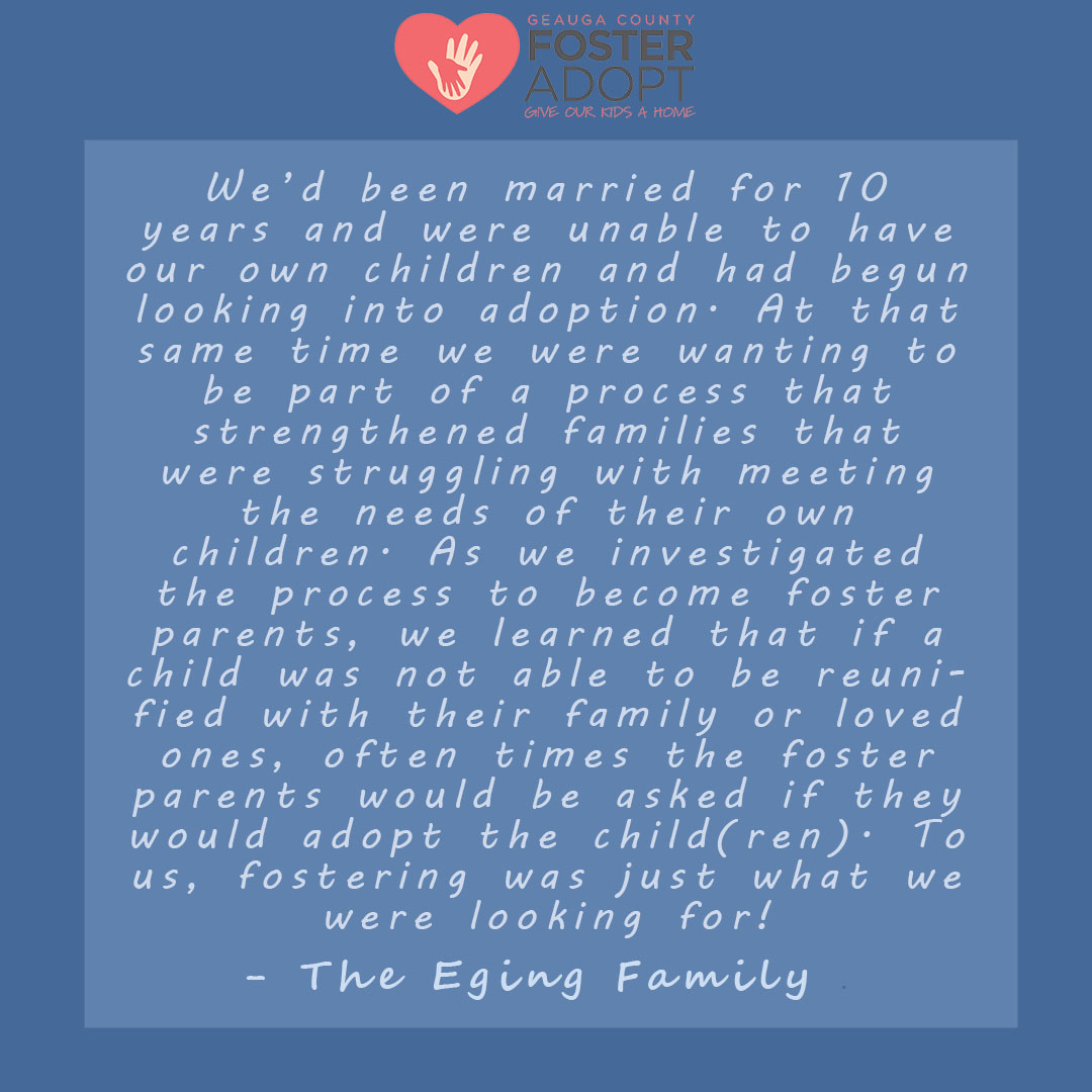 GeaugaCountySS's tweet photo. For National Foster Care Month, GCJFS wanted to provide quotes from foster parents. This quote comes from a former foster family who worked with us. The family has fostered 50 children and have adopted 14! We asked them why they became foster parents and this is what they said… https://t.co/h0Ig1dx5zz