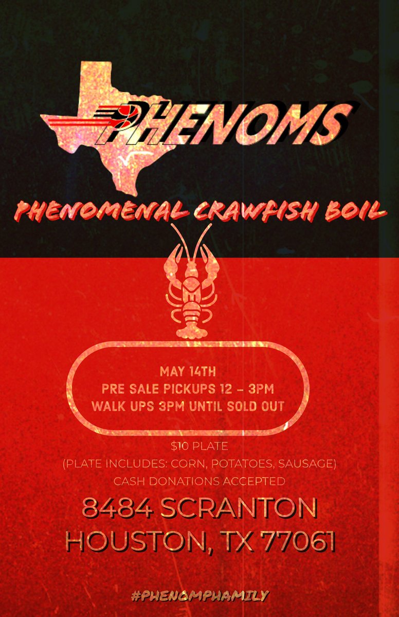 🚨 🗣 HOUSTON‼️

We are having our annual Crawfish Boil Fundraiser this Saturday 5/14! 

🔴 Pre-Sale Plates are $10! 
🔴 Pick up window 12pm-3pm

DM us for to pre order your plate!!