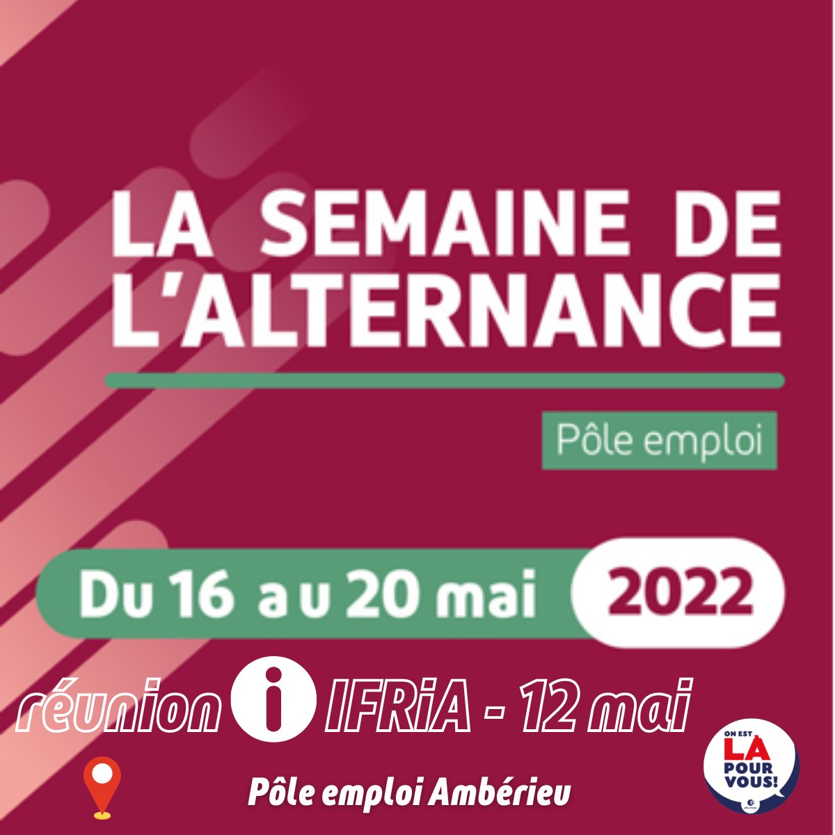 RenaudCharlesFT's tweet photo. [#TousMobilisés] pour la semaine de l'#alternance 
L'agence @poleemploi_ara #Ambérieu accueille jeudi 12 mai #IFRIA le #CFA au service de l'#agroalimentaire 
Une opportunité de se renseigner sur les #métiers, #formation et les offres d'#emploi en cours
#AvecPôleEmploi #Ain https://t.co/vXdxPE2Bjg