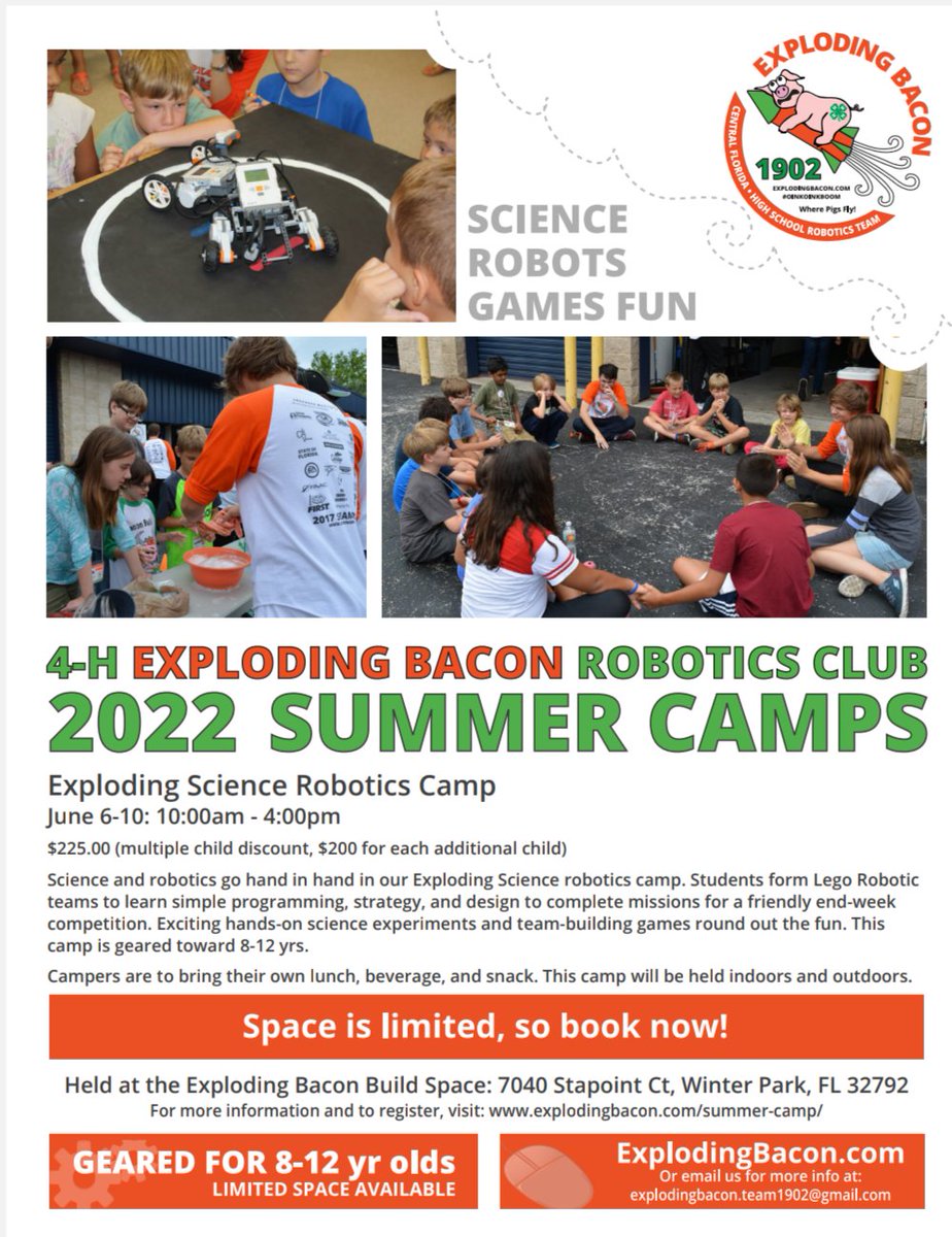 FRCBacon1902's tweet photo. Planning on participating in @firstlegoleague this fall? Attend Exploding Bacon Summer camp and learn to program LEGO robots using a past year's challenge! A hands-on science and robotics summer camp led by FRC students and mentors with years of experience. Space is limited! https://t.co/T0wYuHvEKa