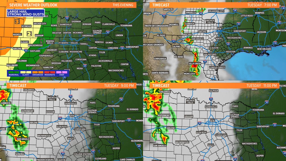 wfaaweather's tweet photo. Enhanced risk (3/5) for severe weather has been extended to include areas west of North Texas. Storms are looking likely to develop this afternoon and move east towards North Texas, but will likely dissipate before reaching the area. 
#wfaaweather https://t.co/Ni8XaTYmib