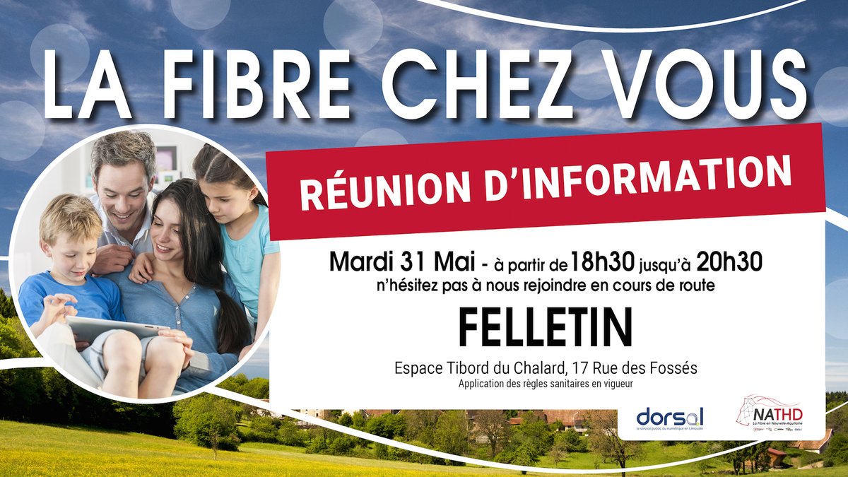 CreuseGrandSud's tweet photo. 🌐 🔗 La fibre chez vous : réunion publique d’information – #Felletin 📆 Mardi 31 mai –  à partir de 18h30 et jusqu’à 20h30📍à FELLETIN, Espace Tibord du Chalard, 17 Rue des Fossés

Plus d’infos 👉 https://t.co/hqmQPG62kj

@DORSAL_Syndicat @Departement_23 #NATHD https://t.co/e7FJYjv6hZ