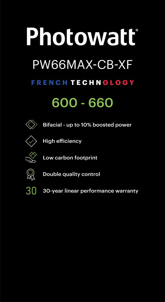 Photowatt's tweet photo. De l’idée au concret, du☀️ au⚡:
Le nouveau PW 66 MAX Bifacial est prêt à briller sur notre Stand #Intersolar ! Rendez-vous dès demain à Munich pour découvrir le futur de l’Energie solaire française #FrenchTechnology https://t.co/aUjdNRcLCO