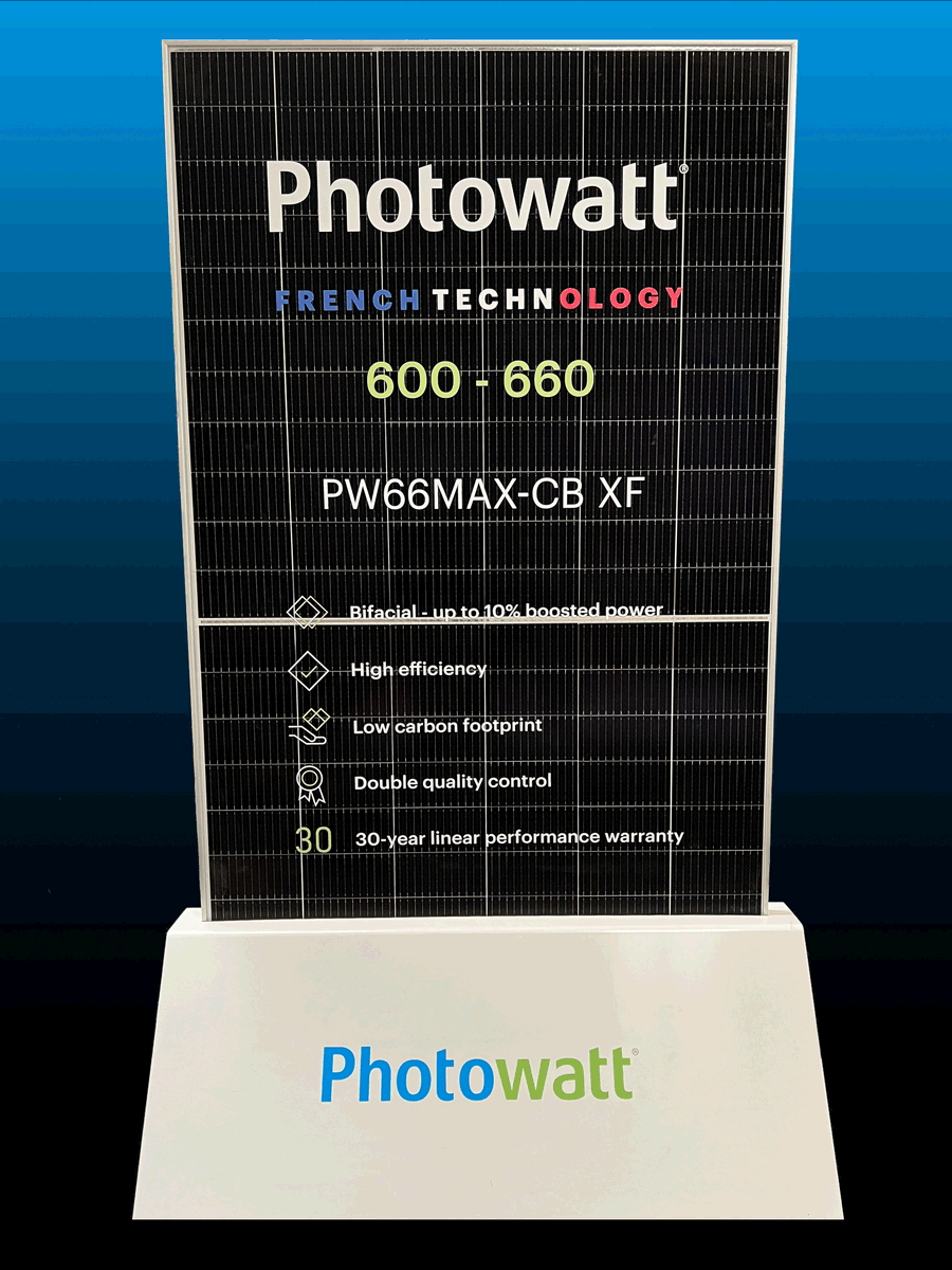 Photowatt's tweet photo. De l’idée au concret, du☀️ au⚡:
Le nouveau PW 66 MAX Bifacial est prêt à briller sur notre Stand #Intersolar ! Rendez-vous dès demain à Munich pour découvrir le futur de l’Energie solaire française #FrenchTechnology https://t.co/aUjdNRcLCO