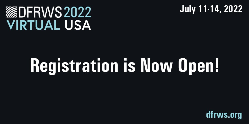 DFRWS's tweet image. Excited for #DFRWSUSA2022? So are we! Register now for the virtual conference being help July 11-14! Love digital forensics a lot? Get the Double ticket for both USA and #DFRWSAPAC2022 in September. dfrws.org/conferences/df…