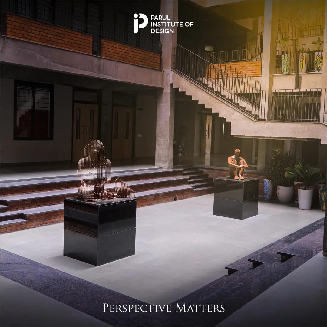 drdevanshupatel's tweet photo. A lot of art and innovation is generated from the thinking and perspective of visionaries. Seen here, are two artistic structures representing ‘Thinking’ and ‘Perspective’ respectively in the quadrangle of the recently inaugurated building for Design. 

#paruluniversity https://t.co/n01TgQ7jeN