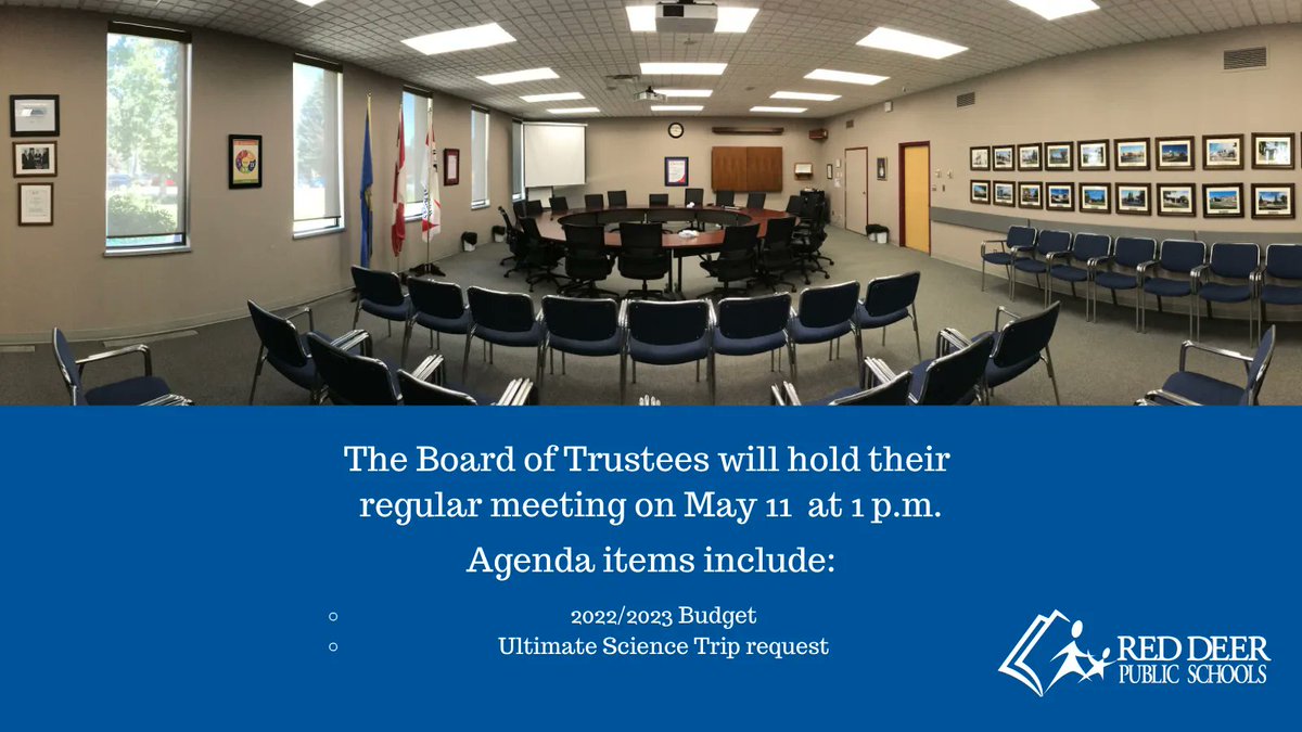 The Board of Trustees will meet tomorrow for their monthly meeting to discuss a number of important items. The meeting will be live streamed on the Division's YouTube channel at: buff.ly/3BOa0Td #RDPSD #RedDeer #CollaborativeRDPSD #ResponsibleRDPSD #CuriousRDPSD