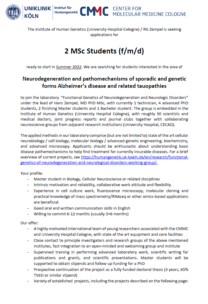 LabZempel's tweet photo. Dear Master students, 
Our group @UKKoeln is currently searching for 2 highly motivated Master (MSc.) students in the area of #Neurodegeneration and pathomechanisms of #Alzheimer's disease.
Check out the advertisement for more details! https://t.co/3dj0iy5nBf