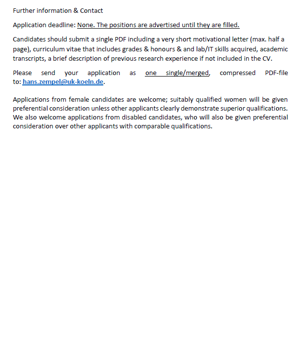 LabZempel's tweet photo. Dear Master students, 
Our group @UKKoeln is currently searching for 2 highly motivated Master (MSc.) students in the area of #Neurodegeneration and pathomechanisms of #Alzheimer's disease.
Check out the advertisement for more details! https://t.co/3dj0iy5nBf