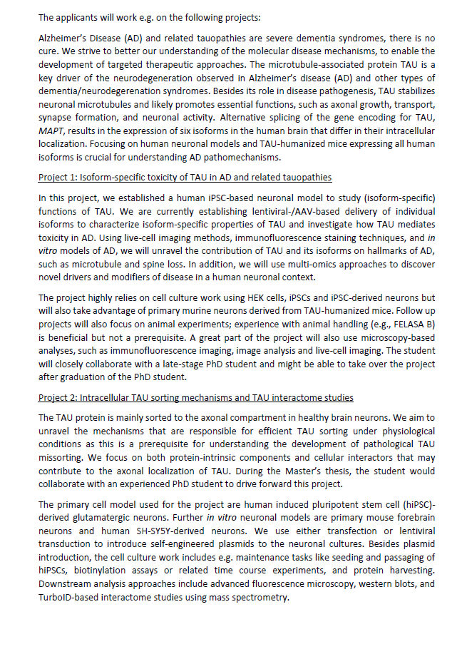LabZempel's tweet photo. Dear Master students, 
Our group @UKKoeln is currently searching for 2 highly motivated Master (MSc.) students in the area of #Neurodegeneration and pathomechanisms of #Alzheimer's disease.
Check out the advertisement for more details! https://t.co/3dj0iy5nBf