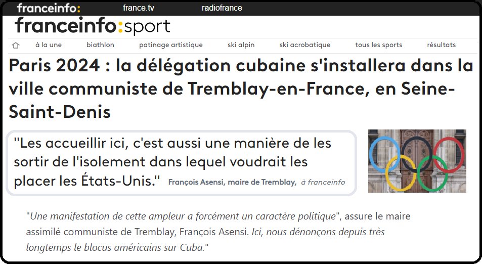 En esta ciudad quieren a #Cuba! Equipo🇨🇺 boxeo será recibido en <a href="/VilleTremblay/">VilleTremblay</a> #JO2024
<a href="/FrancoisAsensi/">François Asensi</a>: "Acogerlos es una forma de sacarlos del aislamiento donde EE.UU quiere colocarlos. Aquí llevamos mucho tiempo denunciando el bloqueo estadounidense".
🔗bit.ly/3kZyKBy