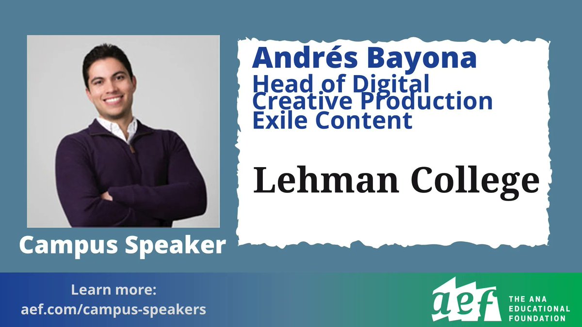 AEFNYC's tweet photo. Andrés Bayona of @ExileContent will speak with students from @LehmanCollege about the trajectory within a career in media today. #LearnWithAEF https://t.co/C9h7zC0YA9