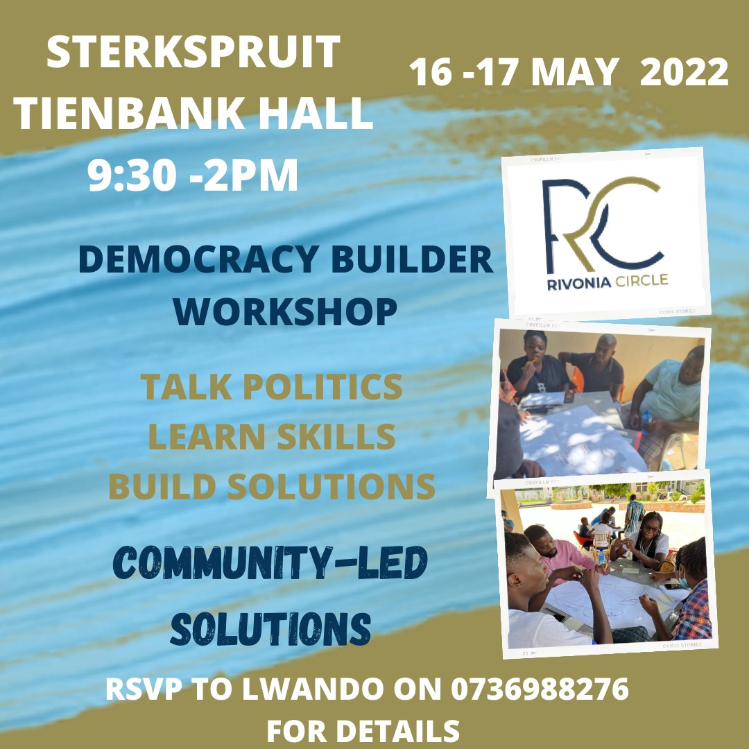 rivonia_circle's tweet photo. [DEMOCRACY BUILDER E. CAPE]

Eastern Cape you are up!

We host our first Eastern Cape Democracy Builder will be in Sterkspruit 16-17 May 2022. 

Join our #ActionCircles as we build South Africa 2.0 one community at a time through community-driven solutions. 

#Asambe
#LetsGo https://t.co/4BT54HsJJy