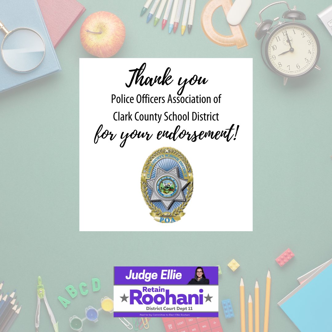 EllieRoohani's tweet photo. Thank you to the Police Officers Association of Clark County School District for your endorsement!
#JudgeRoohani #JudgeEllieRoohani #Roohani4Judge #Ellie4Judge #CCSD #ccsdpd #Endorsement #LasVegas #NorthLasVegas #Henderson #Mesquite #Nevada https://t.co/COsAaOlUuo