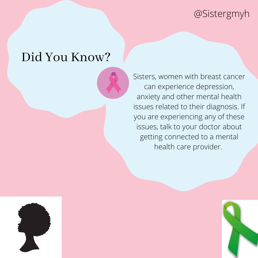 Sisters, Did you know that women with breast cancer experience depression, anxiety and other mental health issued related to their diagnosis? Help is available! Talk with your doctor today!

#sgmyh
#blackwomenshealth
#camden
#breastcancer
#mentalhealthawareness
#brooklyn