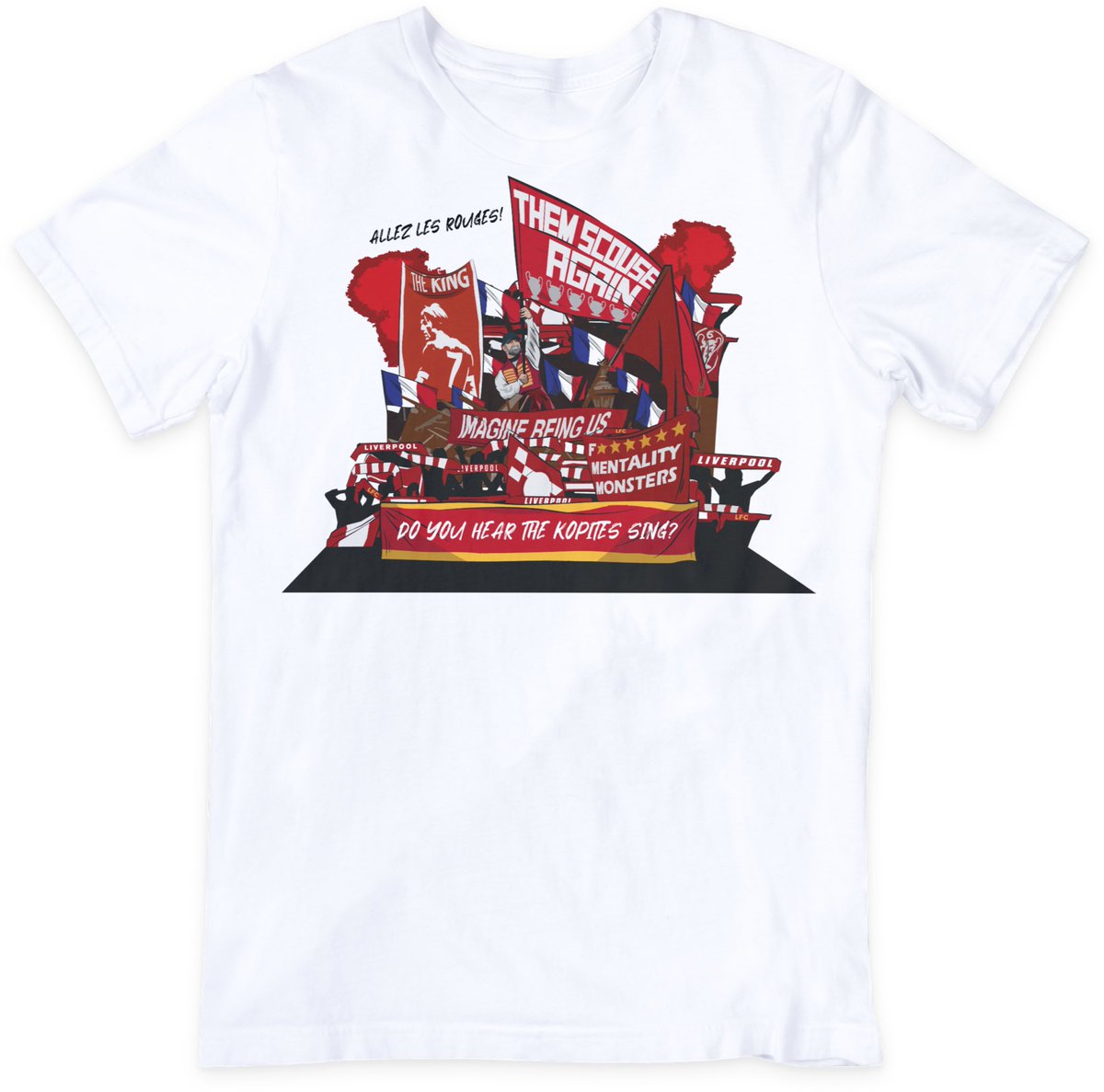 OhCampione_'s tweet photo. ‘Les Unbearables’ T- Shirt. Inspiration from musical ‘Les Miserables’ and the song ‘Do you hear the people sing’ which is sung as a revolutionary call to work together and their desire for redemption during the uprising. 

Paris 2022 🇫🇷 - ‘Do you hear the Kopites sing?’ 🔴⚽️🏆 https://t.co/oX3ECzKEnR