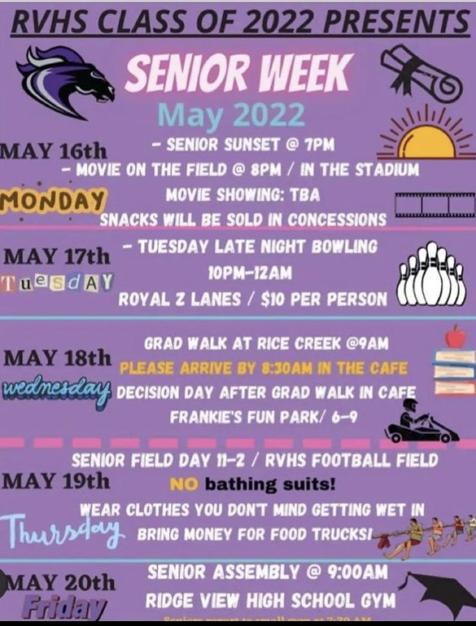RidgeView_2022's tweet photo. Seniors Get ready!! Its time to celebrate all of our hard work!! Senior Week Is Next Week!!! 🥳🥳🥳 @RidgeView_StuCo @MrRoss_RVHS @DrFoxworth @rvhs https://t.co/maLLwO2LRy