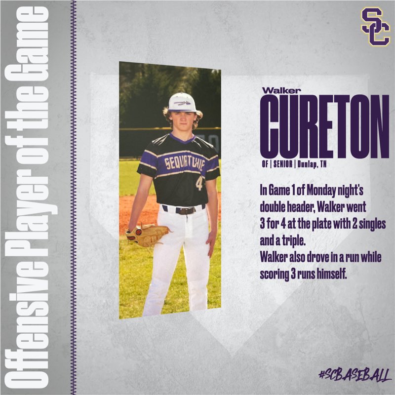 SeqCoBaseball's tweet photo. Game 1 Offensive Player of the Game https://t.co/juke1rndUL