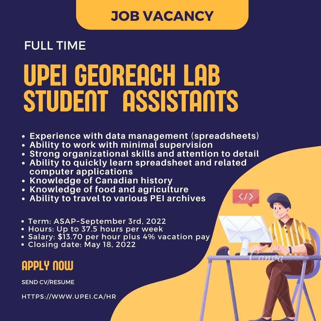 Hello folks,
Are you looking for a full-time job in the summer?
UPEI GeoREACH Lab is hiring Student Assistants for the project "Animals and the Circular Economy."
Find out more information on the website:
upei.ca/hr/competition…