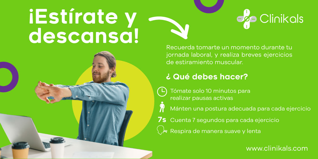 ¡Tómate un momento!
Realiza pequeñas pausas activas durante tu día laboral, y evita pequeñas lesiones laborales.
#saludlaboral #Díalaboral #Saludeneltrabajo #pausasactivas #Clinikals #Startup