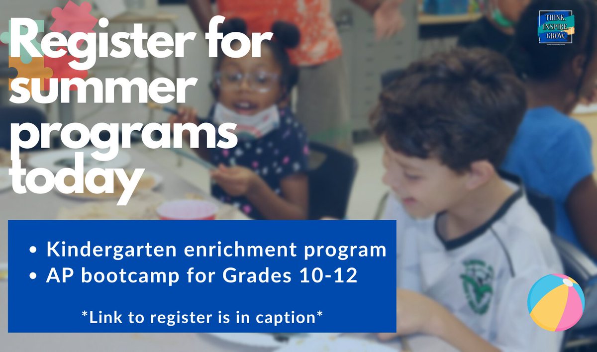 Charles County Public Schools (CCPS) is offering summer camps to all CCPS students. Sign up today for the kindergarten enrichment or AP bootcamp program for Grades 10-12. 
Find information on summer camps here: tinyurl.com/yc2hzcv2.