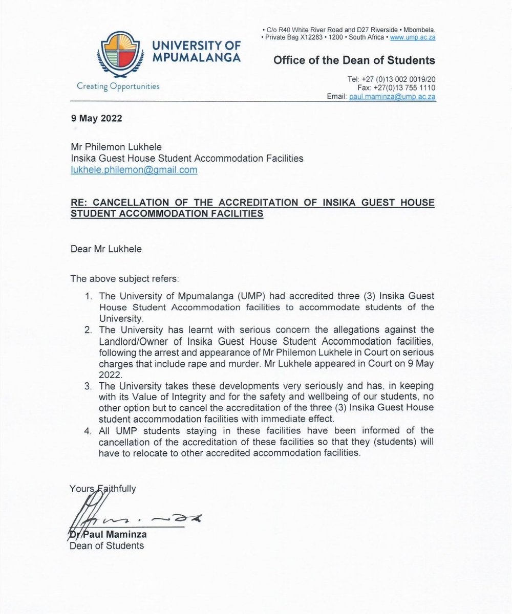 Tyrone_Mkansi's tweet photo. The @UniMpumalanga withdraws the residence accreditation to Intsika Guest Lodge

This lodge is owned by Philemon Lukhele, an accused in the kidnapping, rape and murder of Hillary Gardee. It is where Hillary was kept after being kidnapped

#JusticeForHillaryGardee https://t.co/EXLgE60yVV