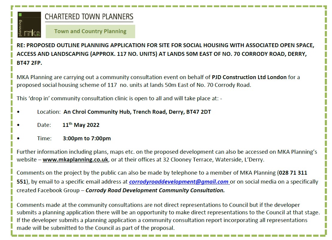 MkaPlanning's tweet photo. 🌟COMMUNITY CONSULTATION EVENT🌟

MKA Planning are carrying out a Community Consultation Event in relation to a proposed planning application at Corrody Road, Derry.

Please come along and share your views. All details are below 👇

#communityconsultation #socialhousing #planning https://t.co/E4eSExNWvO