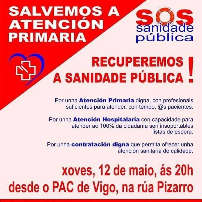 anticapi_GZ's tweet photo. 🏥 Este xoves a área sanitaria de Vigo volve saír á rúa en defensa da atención primaria. Basta de recortes e precariedade na sanidade pública.🩺

A nosa sanidade non se vende, deféndese!
📍R/Pizarro
⏰20h 
#SOSSanidadePública
#PrimariaDigna https://t.co/lUzxALtqU4
