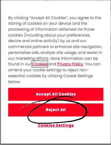 BehSciClub's tweet photo. Finally a site that doesn't shy away from a 'Reject All' button. Good job @MarketingWeekEd.
#BehaviouralScience #Cookies #RejectAll https://t.co/GWEGbjFkaz
