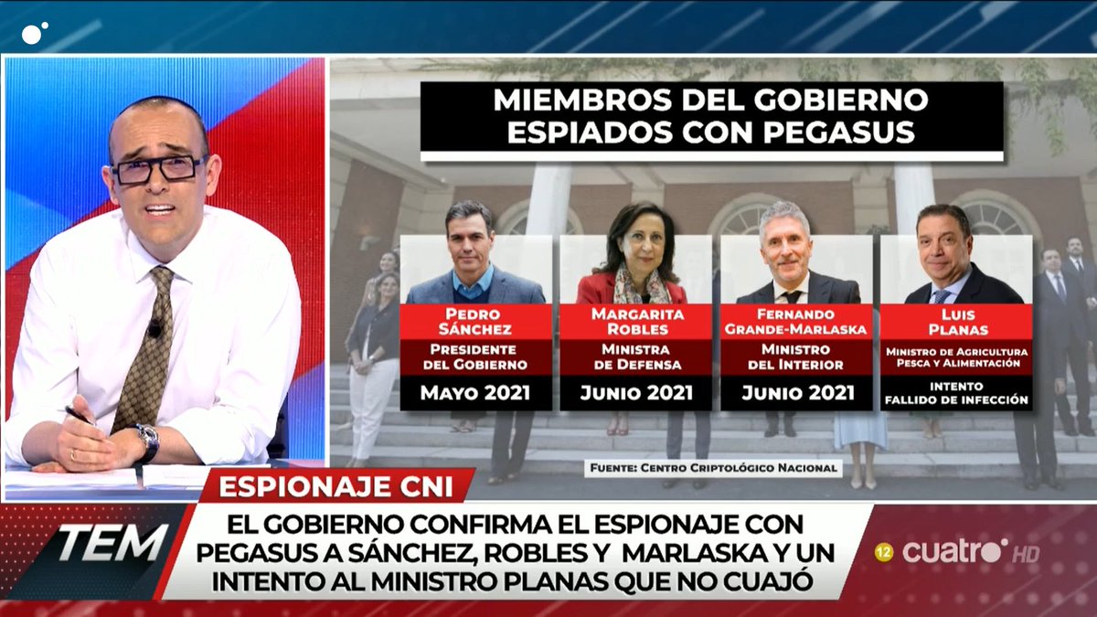 todoesmentiratv's tweet photo. El gobierno confirma el espionaje con Pegasus a Sánchez, Robles y Marlaska y un intento al ministro Planas que no cuajó
#TodoEsMentira10M
https://t.co/paDefSEoKU https://t.co/B3j1tVIyHh