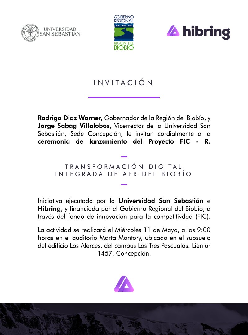 hibringCL's tweet photo. ¡Quedan todos invitados al lanzamiento del FIC-R! Proyecto que estamos desarrollando en conjunto a la Universidad San Sebastián en donde crearemos soluciones para las APR locales.
#hibring #fic #apr #aguapotable #uss #invitacion #transformaciondigital #innovacion #aprbiobio https://t.co/GcdhVOdHaE