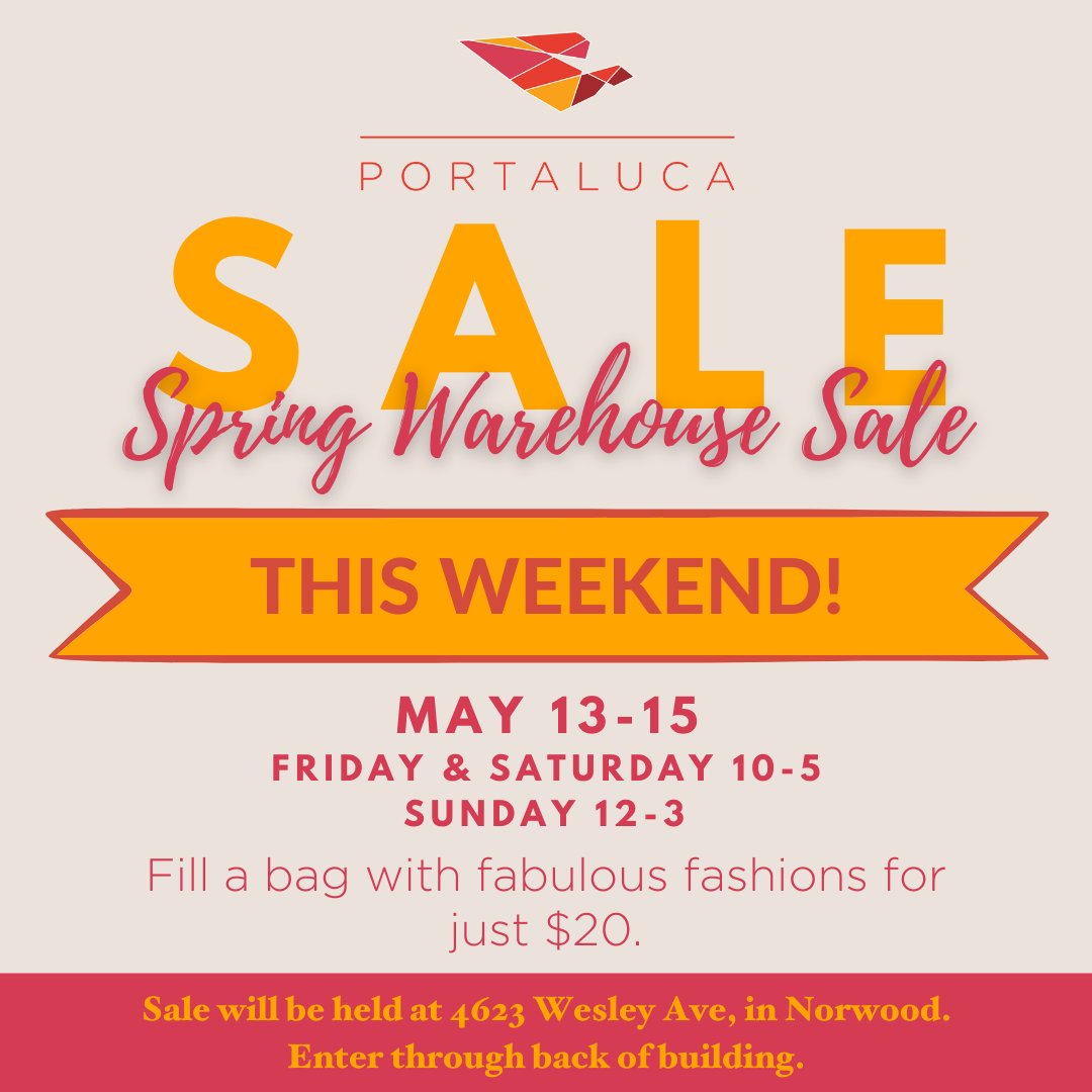 DFSCincy's tweet photo. Shop Portaluca's Spring Warehouse Sale this weekend and fill a bag with spring styles for only $20! All proceeds from this sale benefit DFSC. Shop Friday and Saturday from 10-5 and Sunday from 12-3, + on Sunday only, get two bags for $20! #DFSC #PortalucaBoutique #WarehouseSale https://t.co/s2E1Wl9qXX