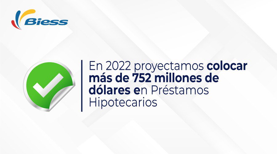 IvanFTobar's tweet photo. Contribuimos a la generación de empleo y reactivación económica. 

✅ En 2022 proyectamos colocar más de 752 millones de dólares en #PréstamosHipotecarios @BiessEcuador 

#HitosBiess
#BiessATuServicio https://t.co/5JrJHgrWSm