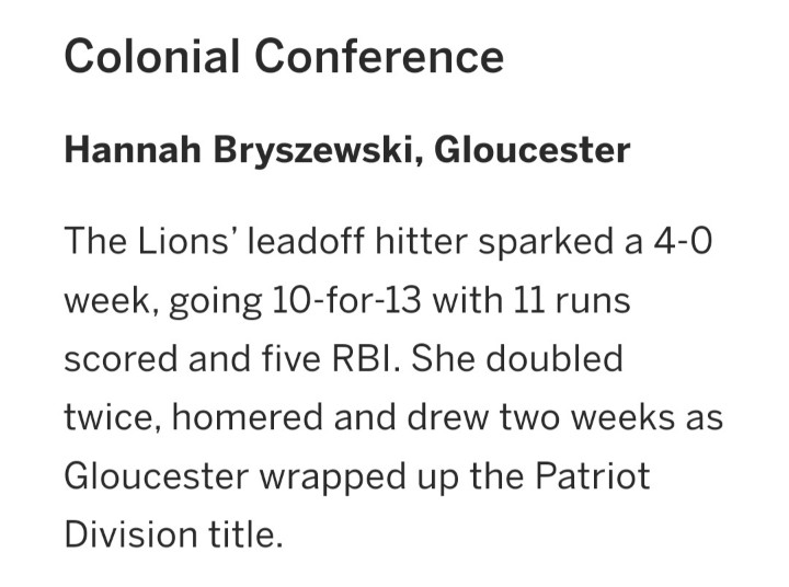 LionSoftballGHS's tweet photo. CONGRATULATIONS to Hannah Bryszewski = https://t.co/H4D0E9naXx’s Colonial Conference Player of the Week!! 🥎🥎🥎 https://t.co/EPgnrYoPaL