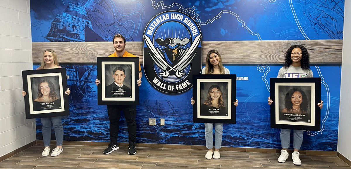 Today, we continued the tradition of hanging up our new Wall of Fame photos! 
Congratulations to Citizenship Award Winner Tori Phillips, Principal’s Award Winner Tare Winecoff, Pirate Award Winner Alyssa Sa, and Scholarship Award Winner Karissa Jackson!