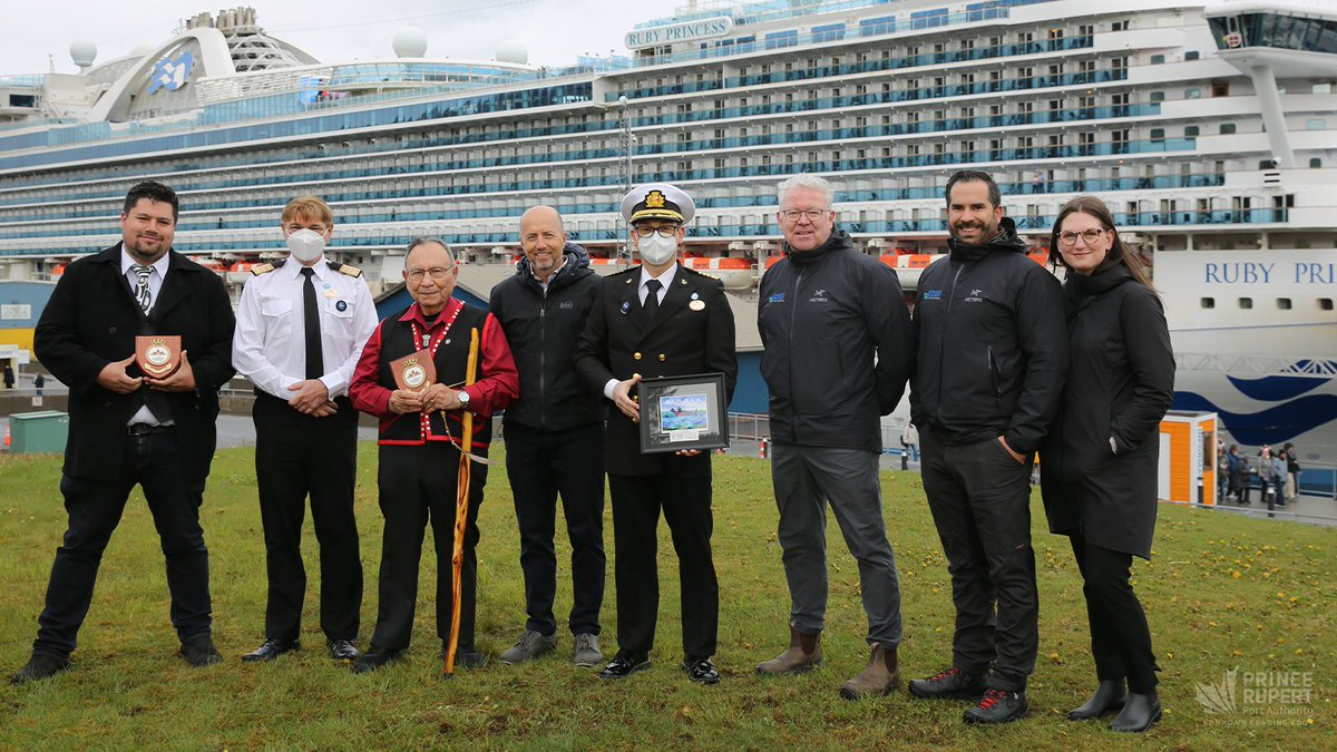 rupertport's tweet photo. #PrinceRupert's 2022 cruise season has officially begun with the maiden call of Ruby Princess! Today Captain Aldo Traverso came ashore for a special presentation that included a welcome to the traditional territory of the Ts'msyen people. https://t.co/xfVHXbVasS