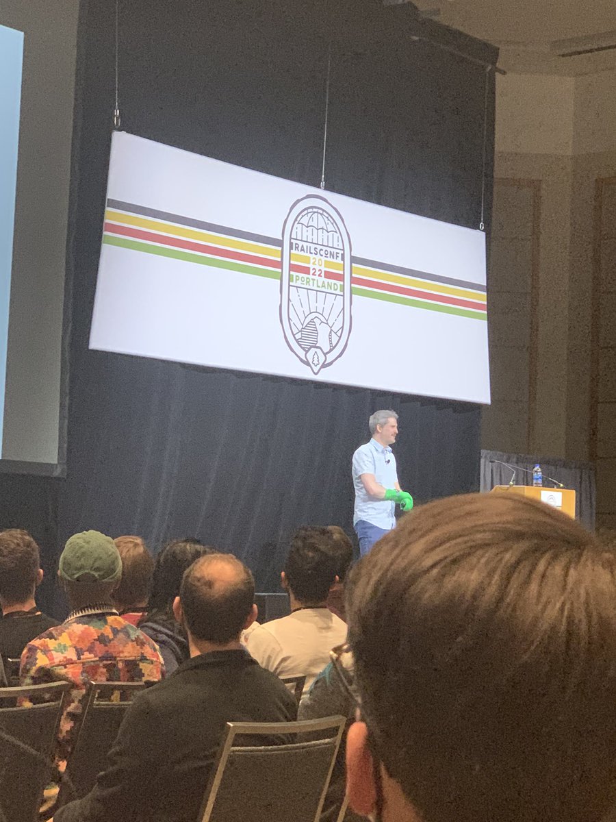 stratosfeer's tweet photo. And @tenderlove takes the stage for the end of day 1. #RailsConf2022 https://t.co/cKj16EmbyP
