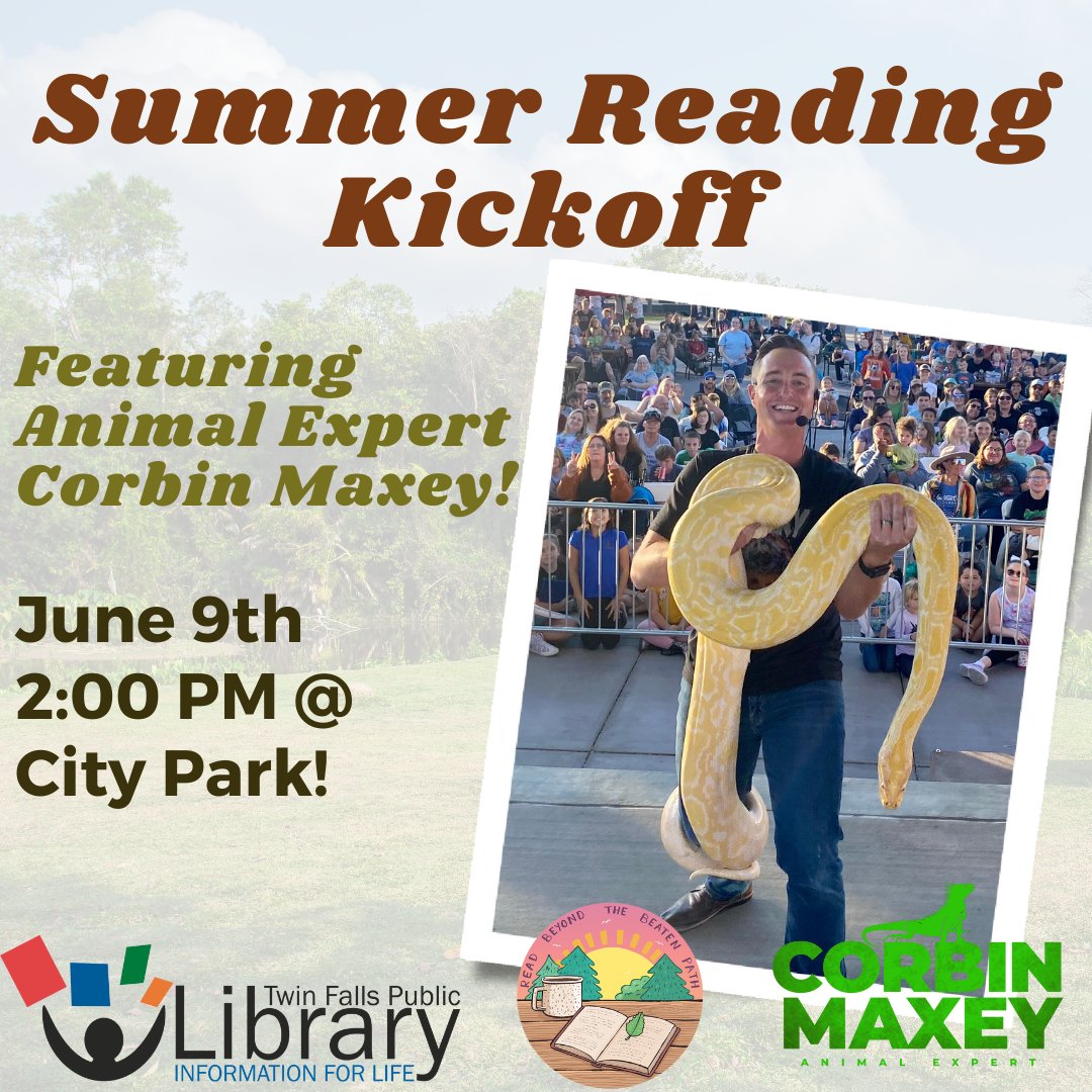 We're kicking off this year's Summer Reading Program with <a href="/corbinmaxey/">Corbin Maxey</a>! Corbin is a nationally recognized animal expert. Join us 6/9 at 2 PM in City Park as Corbin introduces you to his animals, including a14-foot albino Burmese Python! Get ready to "Read Beyond the Beaten Path!"
